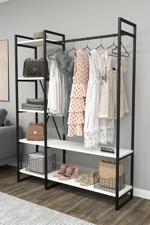 Nilamu Elbise Dolabı, Metal Aksamlı, Beyaz, Açık Dolap, Organizer, Askılık 130*170*34 Cm