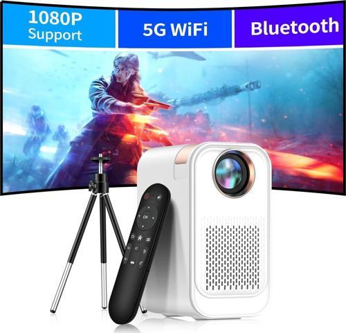 5G WiFi ve Bluetooth'lu Mini Projektör, Projektör Standlı 1080P Destekli - Beyaz