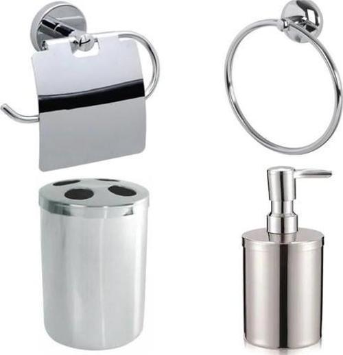 Banyo Seti Kapaklı Kağıtlık Yuvarlak Havluluk Diş Fırçalık Sabunluk Krom