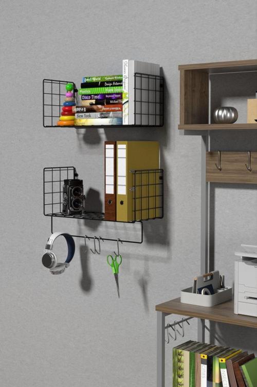 Ikili Set Dekoratif Ferforje Mutfak Banyo Ofis Salon Duvar Rafı Kitap Makyaj Obje Kaktüs Rafı