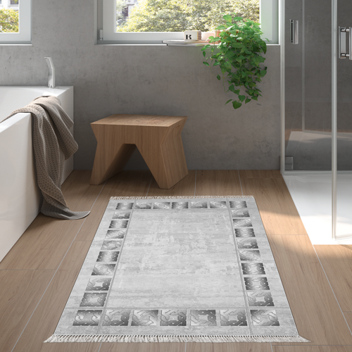 Kaymaz Taban Djt Banyo Halısı Yıldız Deri Saçaklı Modern 691M Gri