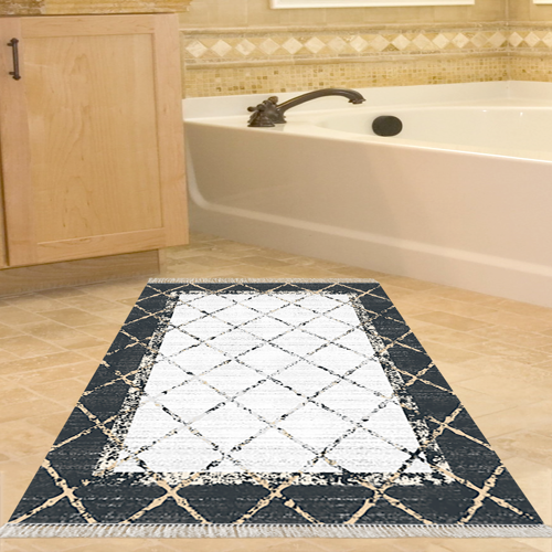 Kaymaz Taban Djt Banyo Halısı Yıldız Deri Saçaklı Modern M5129 Siyah