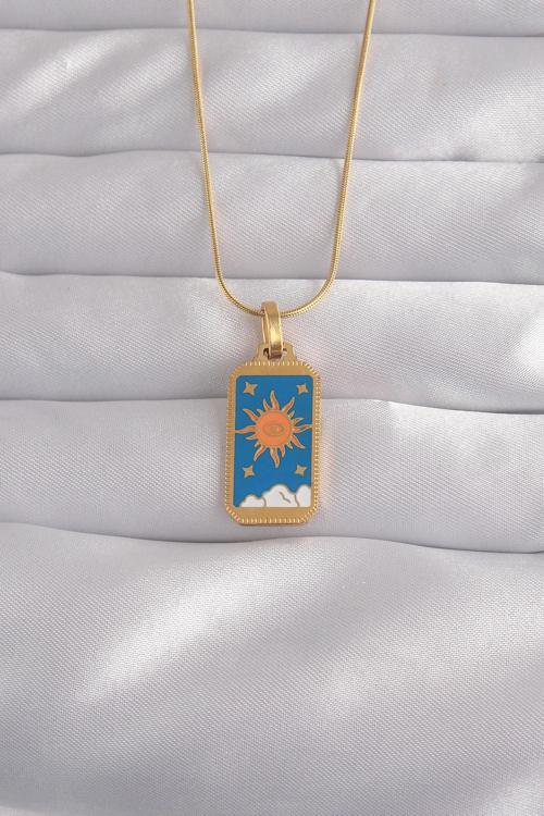 316L Çelik Gold Renk Mavi Mineli Güneş Model Tarot Kolye - EBJ240912W27730