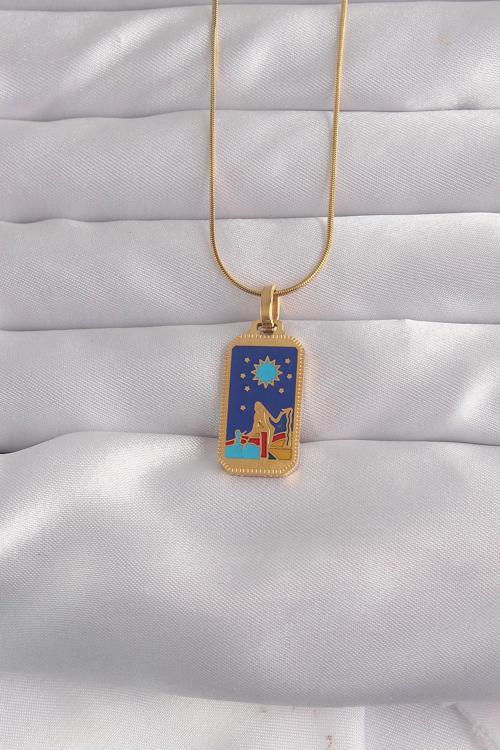 316L Çelik Gold Renk Mavi Mineli Kız Figür Tarot Kolye - EBJ240912W27737