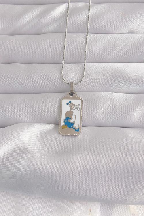 316L Çelik Gümüş Renk Beyaz Mineli Kız Figür Tarot Kolye - EBJ240912W27753