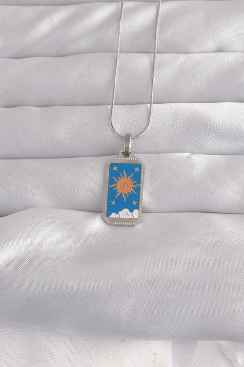 316L Çelik Gümüş Renk Mavi Mineli Güneş Model Tarot Kolye - EBJ240912W27746