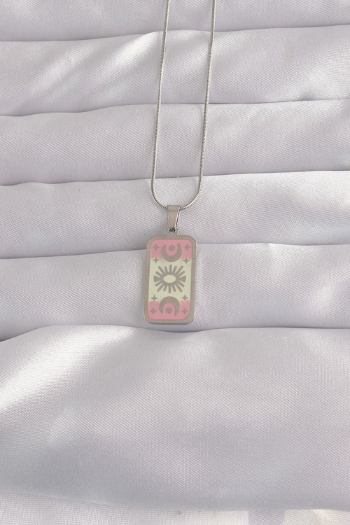 316L Çelik Gümüş Renk Pembe Mineli Ay Figür Tarot Kolye - EBJ240912W27749
