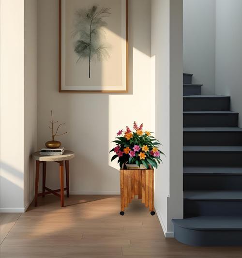 Dekoratif Ahşap Saksılık Çiçeklik Ahşap Saksı Altlığı 38x38x50 cm Tekerlekli Saksı Sehpası
