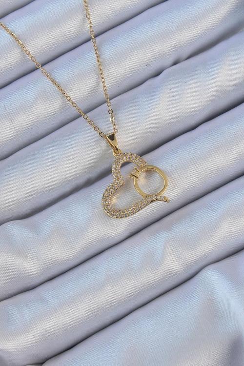 316L Çelik Zincir Altın Renk Zirkon Taşlı Yüzüklü Kalp Kolye - EBJ240912W27903