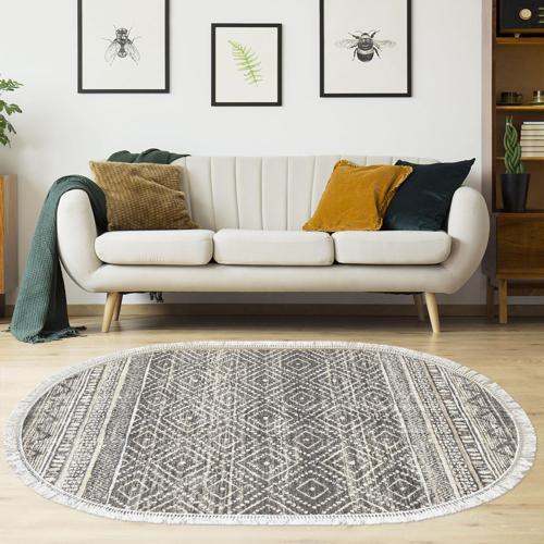 Kaymaz Taban Djt Salon Halısı Trend Saçaklı Oval İskandinav F5087 Gri