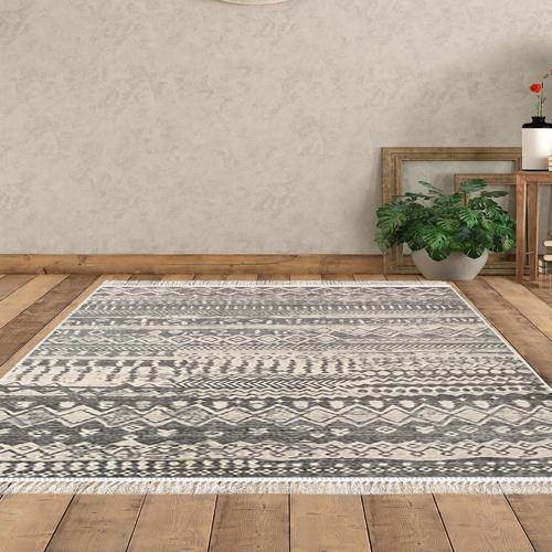 Kaymaz Taban Djt Salon Halısı Yıldız Deri Saçaklı İskandinav Al1104 Gri Bej