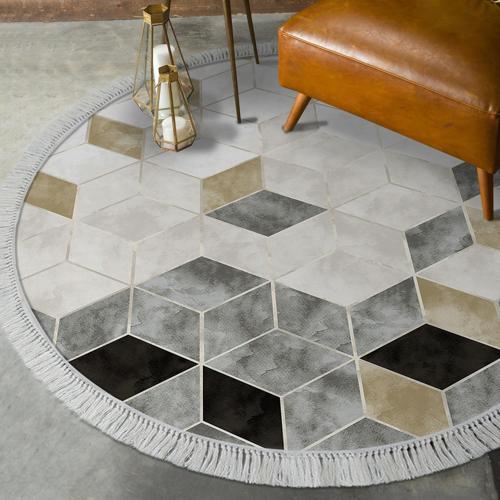 Kaymaz Taban Djt Salon Halısı Yıldız Deri Saçaklı Yuvarlak İskandinav 2146M