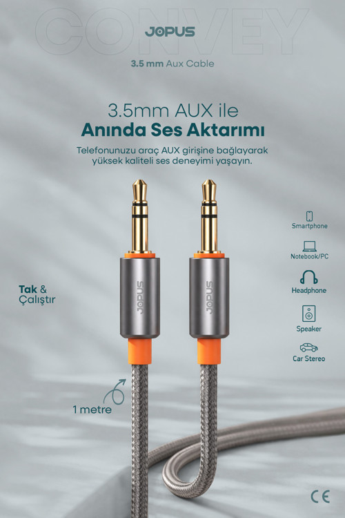 3.5mm Aux to 3.5mm Aux Kablo Stereo Destekli Örgülü Füme 1 Metre Füme JA-05