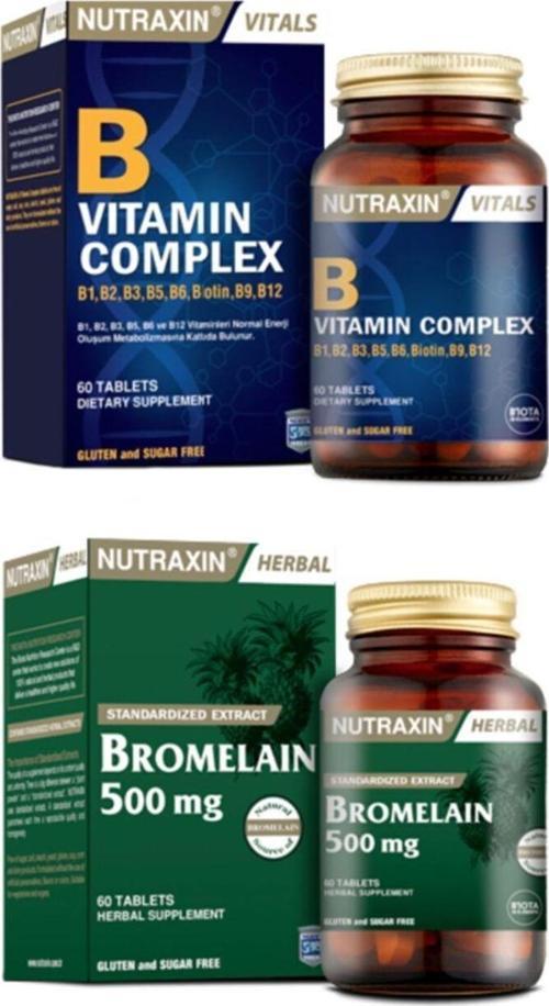 B1, B2, B3, B5, B6, B12 Içeren B Vitamin Complex 60 Tablet + Bromelain Ananas 60 Kapsül