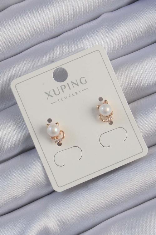 Xuping Rose Renk Zirkon Taşlı İncili Kedi Küpe - EBJ240913W28051