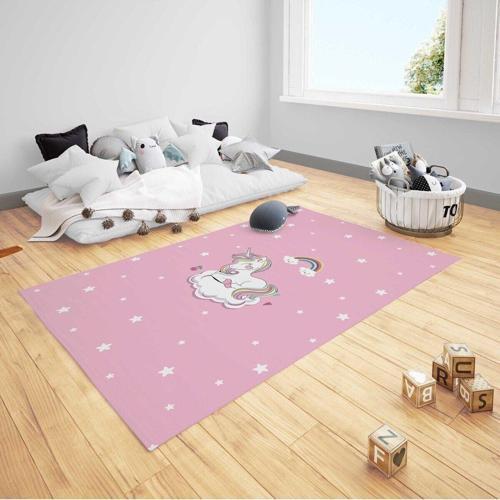 Çocuk Bebek Odası Halısı Yıldızlı Bulutlu Unicorn Gökkuşağı