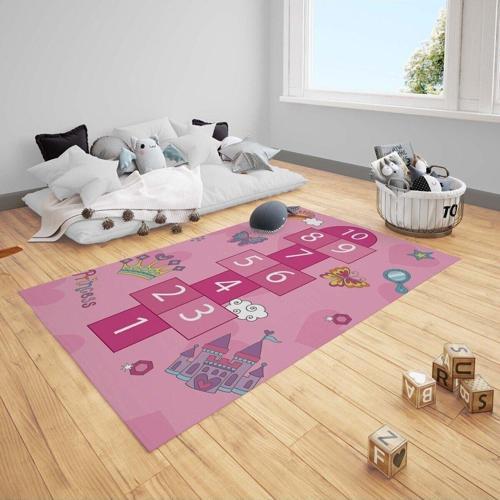 Çocuk Bebek Odası Halısı Seksek Prensesli Şato Kalpler ve Kelebekler