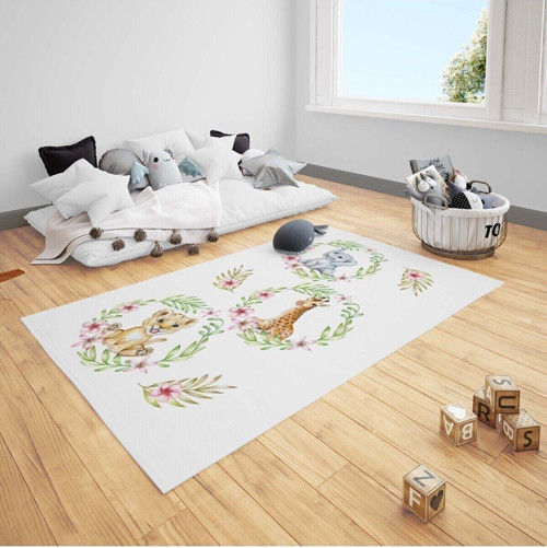 Çocuk Bebek Odası Halısı Çiçekli Zürafa Fil Aslan