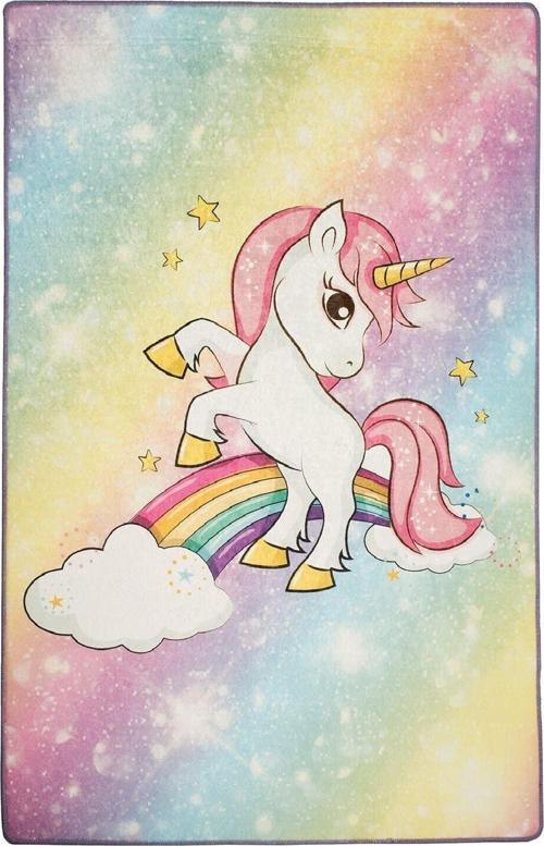 5 Mm Ince Keçe Kaymaz Tabanlı Dekoratif Bebek Çocuk Odası Halısı Gökkuşağı Ve Unicorn At