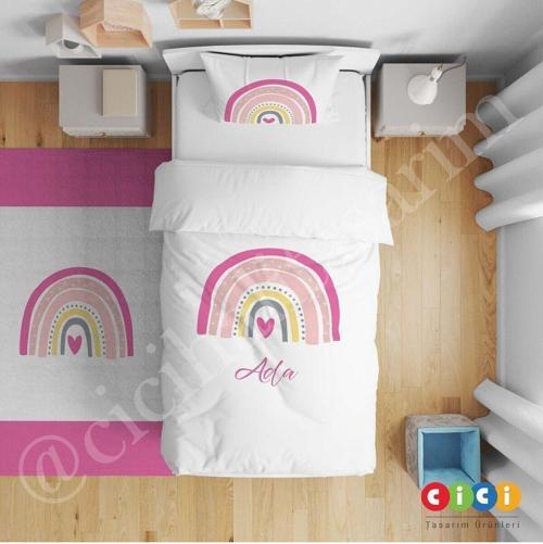 Çocuk Yatak Örtüsü Hediye Yastık Kılıfı Renkli Gökkuşağı Ve Kalp