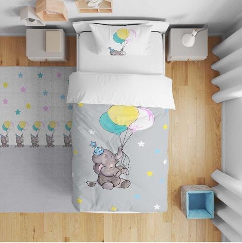 Çocuk Yatak Örtüsü Hediye Yastık Kılıfı Yıldızlı Balonlu Mutlu Fil