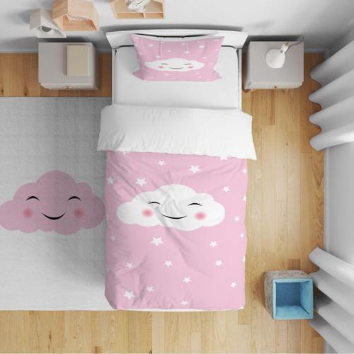 Çocuk Bebek Nevresim Takımı Pembe Zemin Yıldızlı Gülen Bulut