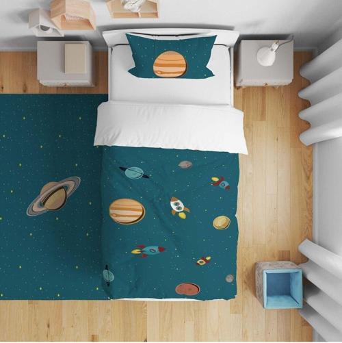 Çocuk Yatak Örtüsü Hediye Yastık Kılıfı Yıldızlı Uzay Roket Gezegenler
