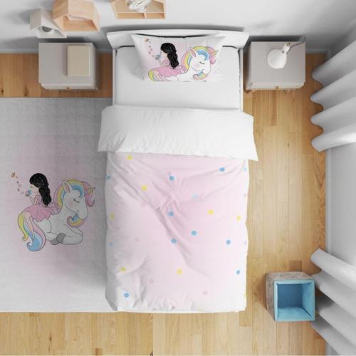 Çocuk Yatak Örtüsü Hediye Yastık Kılıfı Renkli Unicorn Elinde Kelebek Kız