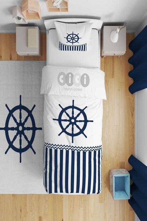 Lacivert Çizgiler Ve Dalgalar Gemi Dümeni Çocuk Bebek Odası Nevresim Takımı
