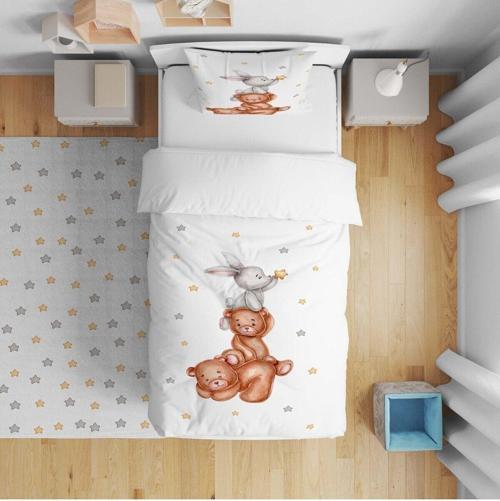 Çocuk Yatak Örtüsü Hediye Yastık Kılıfı Sevimli Ayıcık Ve Tavşan Arkadaşlar