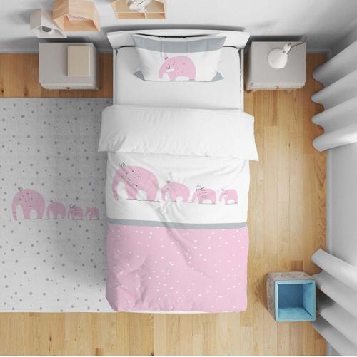 Çocuk Yatak Örtüsü Hediye Yastık Kılıfı Puantiyeli Fil Ailesi