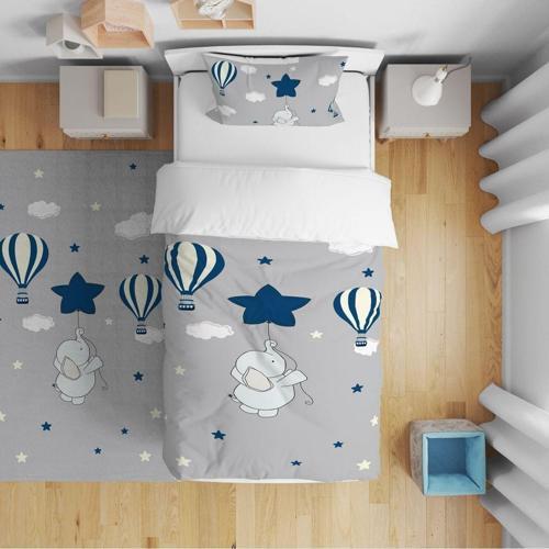 Çocuk Bebek Yatak Örtüsü Hediye Yastık Kılıfı Mavi Yıldız Tutan Fil Yıldız Uçan Balon