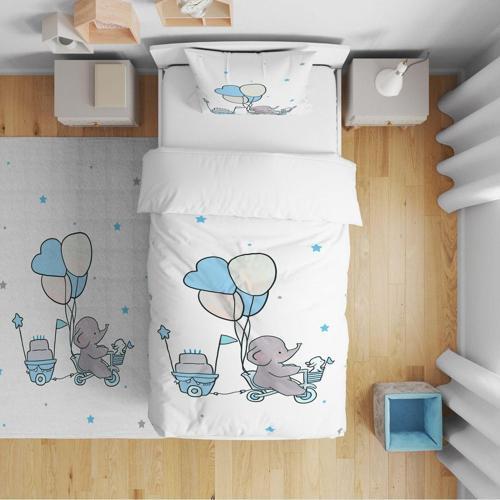 Çocuk Bebek Nevresim Takımı Kalpli Balonlu Bisikletli Fil