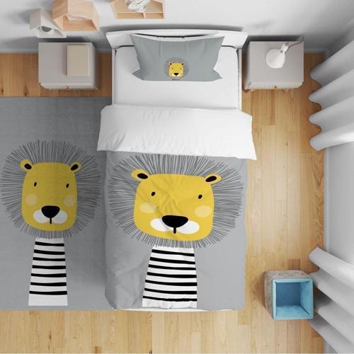 Çocuk Yatak Örtüsü Hediye Yastık Kılıfı Siyah Beyaz Aslan