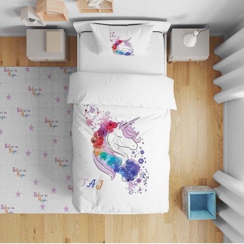 Çocuk Yatak Örtüsü Hediye Yastık Kılıfı Çiçekli Unicorn