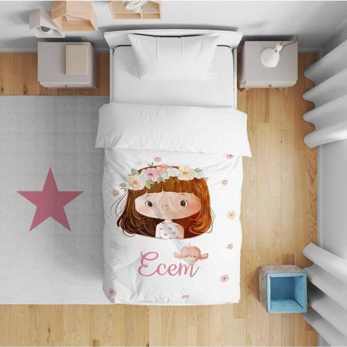 Çocuk Yatak Örtüsü Hediye Yastık Kılıfı Serpme Çiçekler Kız