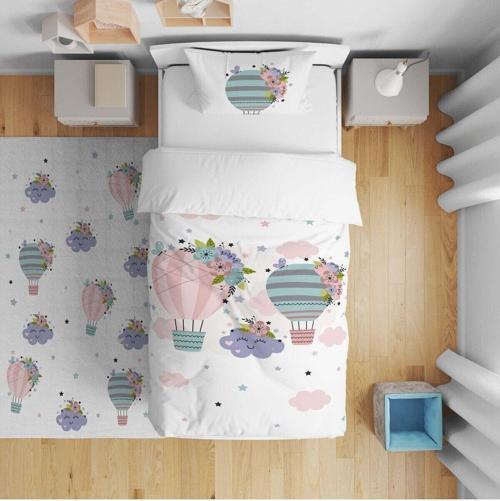 Çocuk Yatak Örtüsü Hediye Yastık Kılıfı Bulutlu Yıldızlı Uçan Balon Çiçekler