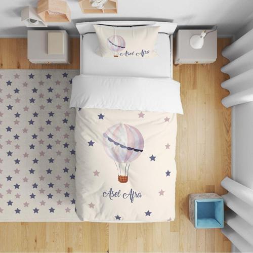 Çocuk Yatak Örtüsü Hediye Yastık Kılıfı Serpme Yıldızlı Pembe Uçan Balon