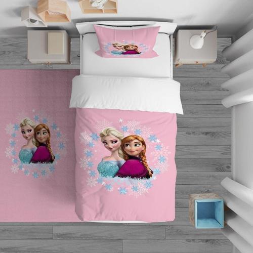 Çocuk Yatak Örtüsü Hediye Yastık Kılıfı Pembe Zemin Elsa ve Anna