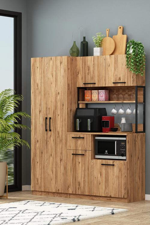 Ervin E2+2K Atlantik Çam Airfry Çok Amaçlı Kiler Dolabı 4 Raflı Dolaplı kahve Köşesi