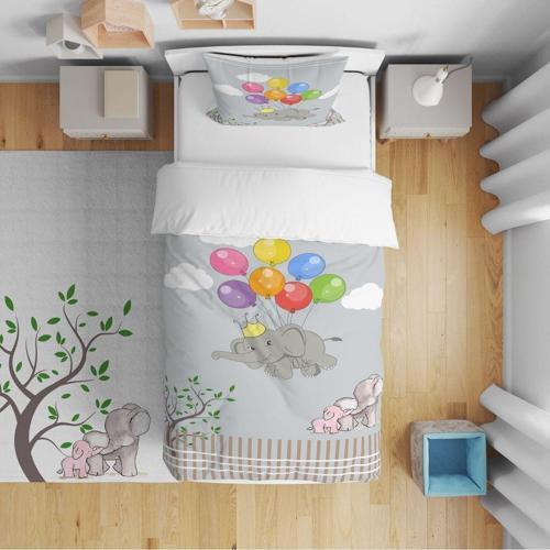 Yatak Örtüsü Uçan Fil Ve Renkli Balonlar 140x220 - Yastık Kılıfı Hediye