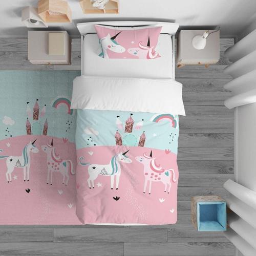 Çocuk Yatak Örtüsü Hediye Yastık Kılıfı Unicornlu Atlar Şato Gökkuşağı
