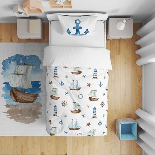 Çocuk Yatak Örtüsü Hediye Yastık Kılıfı Yelkenli Denizci Çapa Dümen