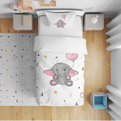 Yatak Örtüsü Sevimli Fil Ve Kalpli Balon 140x220 - Yastık Kılıfı Hediye
