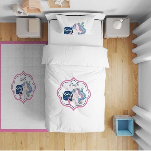 Çocuk Yatak Örtüsü Hediye Yastık Kılıfı Unicornlu Prenses Kız