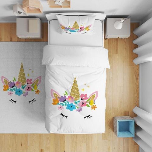 Çocuk Yatak Örtüsü Hediye Yastık Kılıfı Kirpikli Unicorn
