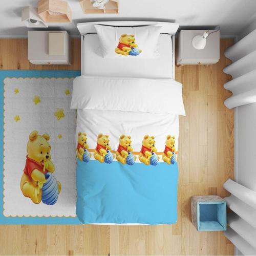 Yatak Örtüsü Sevimli Çizgi Karakter Ve Bal Kovanı 140x220 - Yastık Kılıfı Hediye