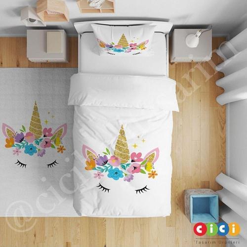 Yatak Örtüsü Çiçek Taçlı Unicorn 140x220 - Yastık Kılıfı Hediye