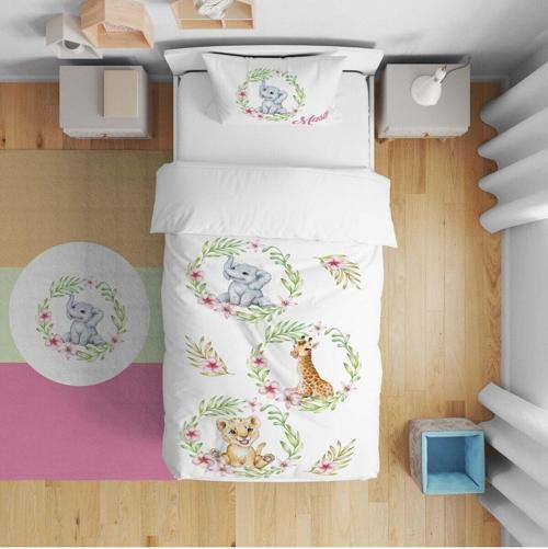 80x150cm Bebek Yatak Örtüsü Hediye Yastık Kılıfı Çiçekli Zürafa Fil Aslan