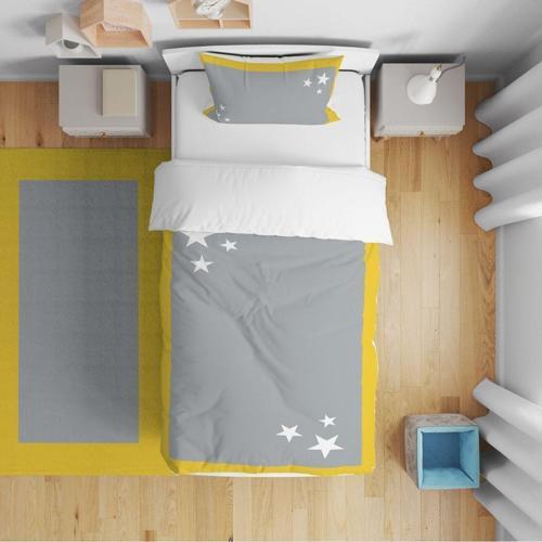 Yatak Örtüsü Sarı Kenar Gri Zemin Ve Yıldızlar Yastık Kılıfı Hediye